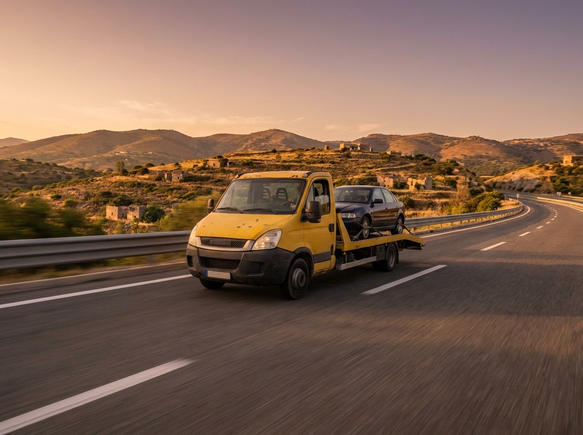 Žuto šlep vozilo prevozi auto na auto-putu