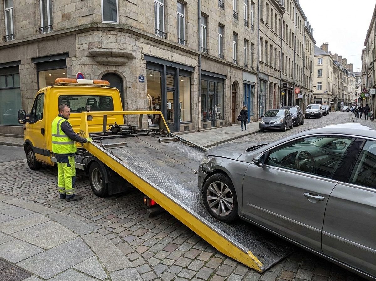 Utovar automobila na žutu šlep platformu na gradskoj ulici